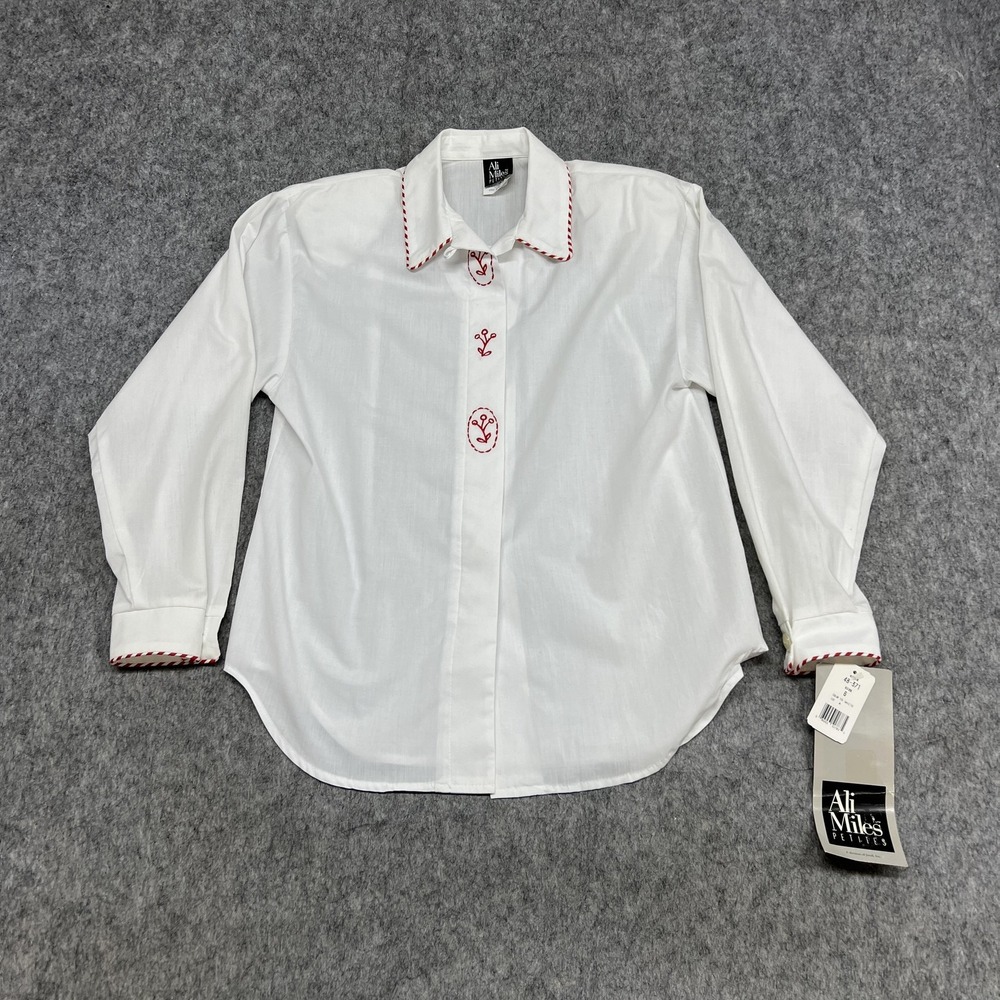 Ali Miles Petite Shirt Womens 6 White Embroidered Button Long Sleeve USA Vintage